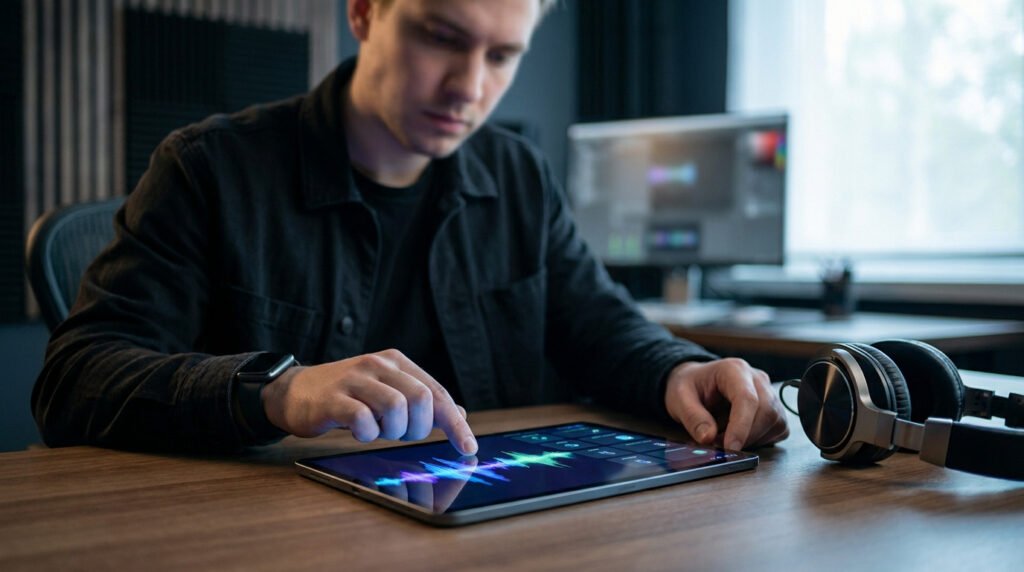Un homme utilise une tablette tactile pour éditer des fichiers audio avec une onde sonore colorée à l'écran.