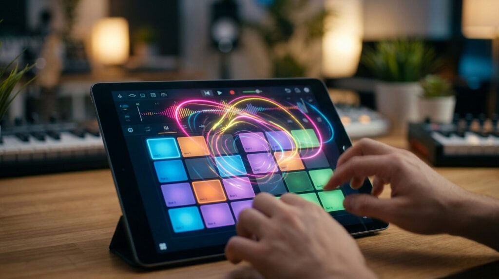 Mains d'un musicien jouant sur une application de boîte à rythmes numérique lumineuse sur une tablette.