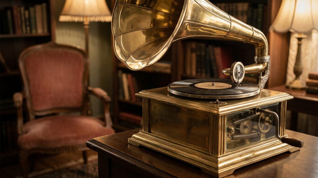 Un gramophone vintage en laiton avec un pavillon doré posé sur une table dans une bibliothèque chaleureuse.