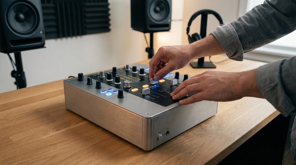 Un DJ ajuste les réglages sur une table de mixage professionnelle dans un studio d'enregistrement.