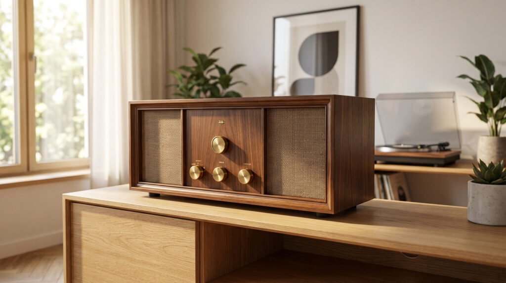 Enceinte hifi vintage en bois avec boutons dorés posée sur un meuble dans un salon lumineux.