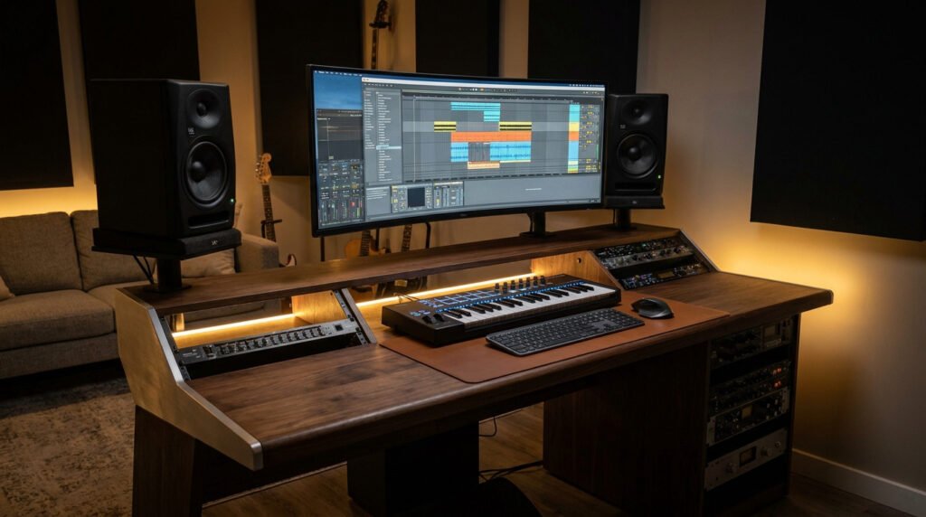 Bureau de studio en bois avec écran ultra-large, clavier MIDI et enceintes de monitoring dans une pièce traitée acoustiquement.