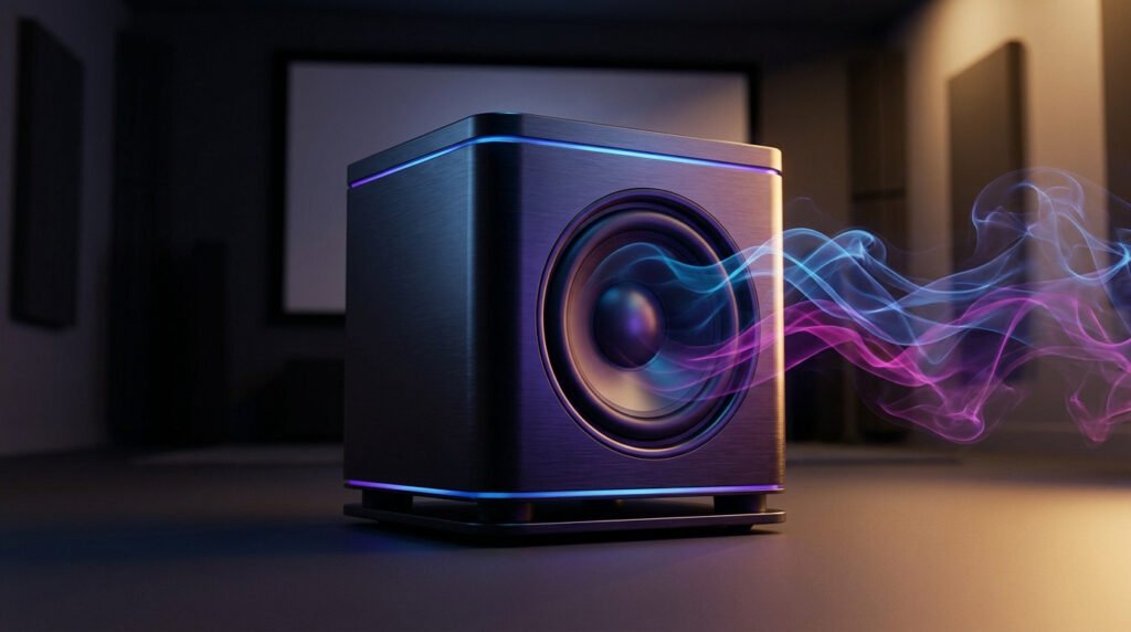 Un caisson de basses moderne noir avec éclairage LED et ondes sonores colorées dans une salle de cinéma privée.