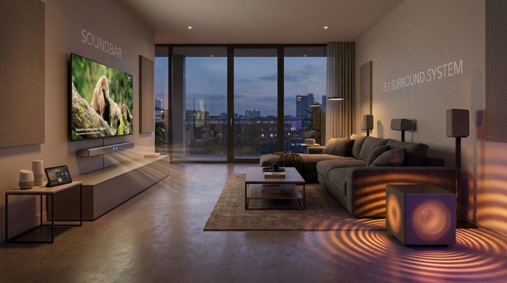 Comparaison visuelle entre une barre de son sous un téléviseur et un système home cinéma 5.1 dans un salon moderne.
