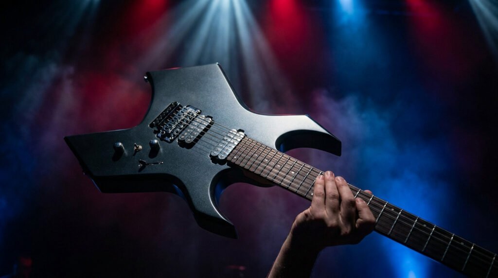 Une guitare électrique noire aux formes acérées tenue par un musicien sur une scène éclairée par des projecteurs.